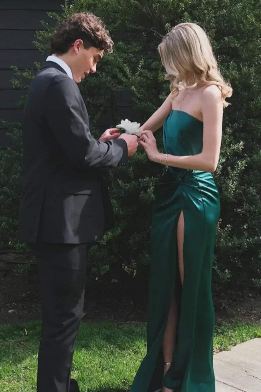 Elegant Strapless Twist Knot High Slit Satin Mermaid Prom Dress