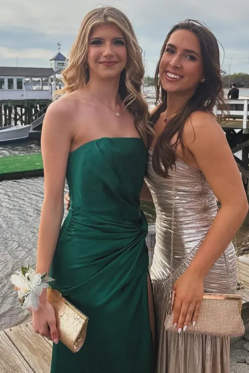 Elegant Strapless Twist Knot High Slit Satin Mermaid Prom Dress