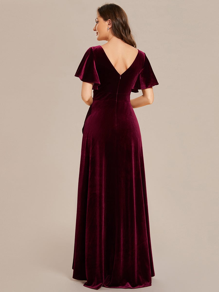 Side view of Weitese red velvet evening dress, highlighting the short sleeves.