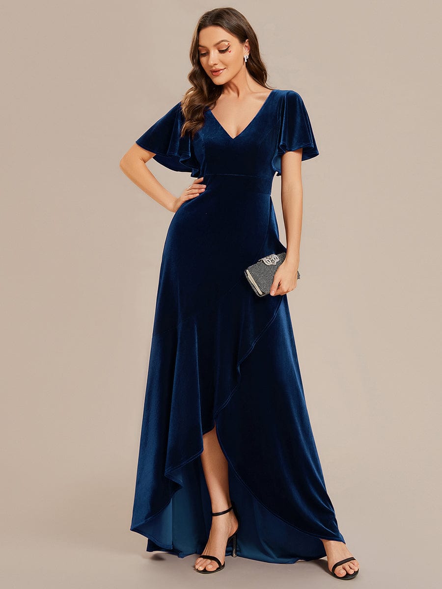 Weitese navy blue stretchy velvet evening dress with double V-neck.
