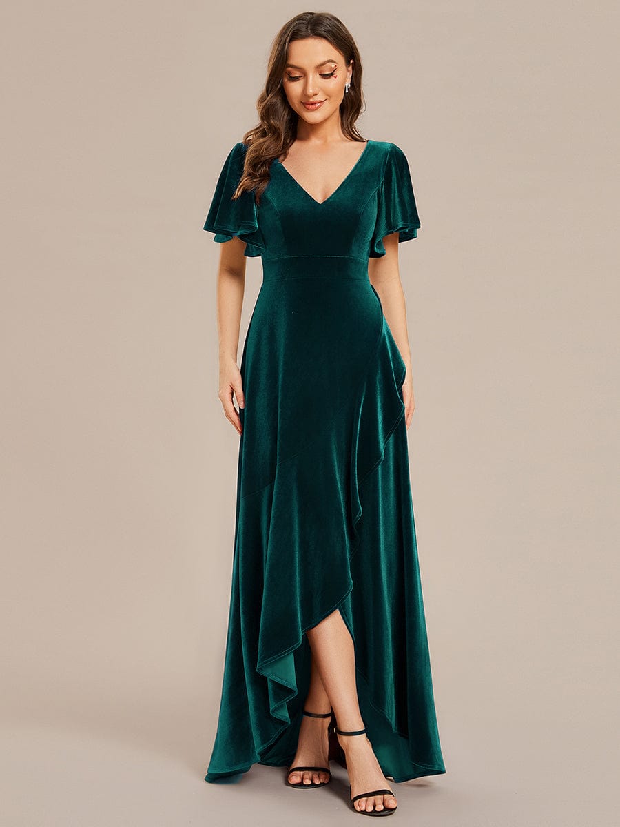 Weitese dark green stretchy velvet evening dress with lotus leaf hem.