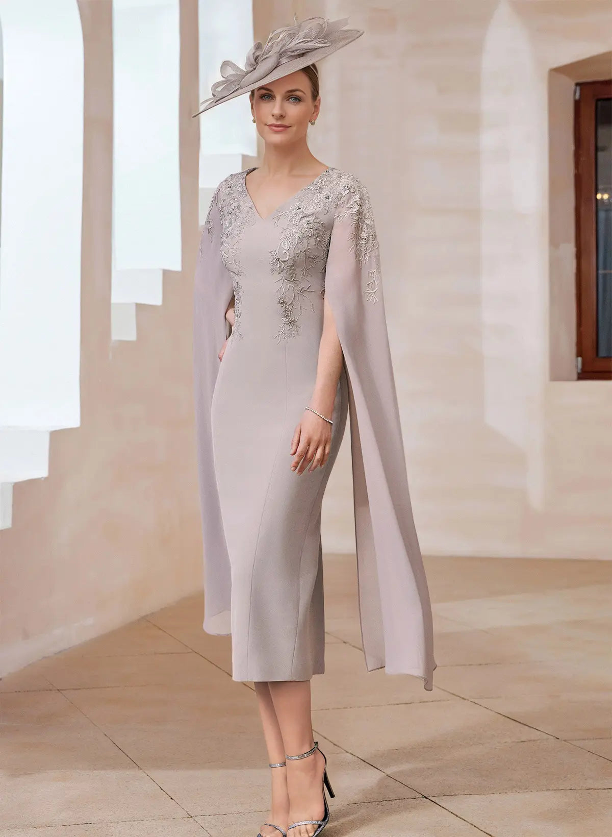 Elegant Taupe V-Neck Sheath Midi Mother of the Bride Dress with Cape Sleeves and Floral Embroidery