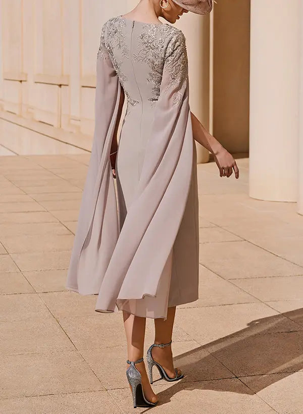 Elegant Taupe V-Neck Sheath Midi Mother of the Bride Dress with Cape Sleeves and Floral Embroidery