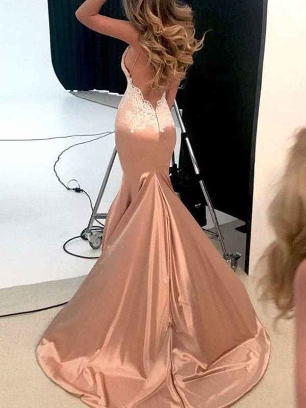 Back view of the silk-like satin trumpet mermaid gown, showcasing the court train and fitted silhouette.