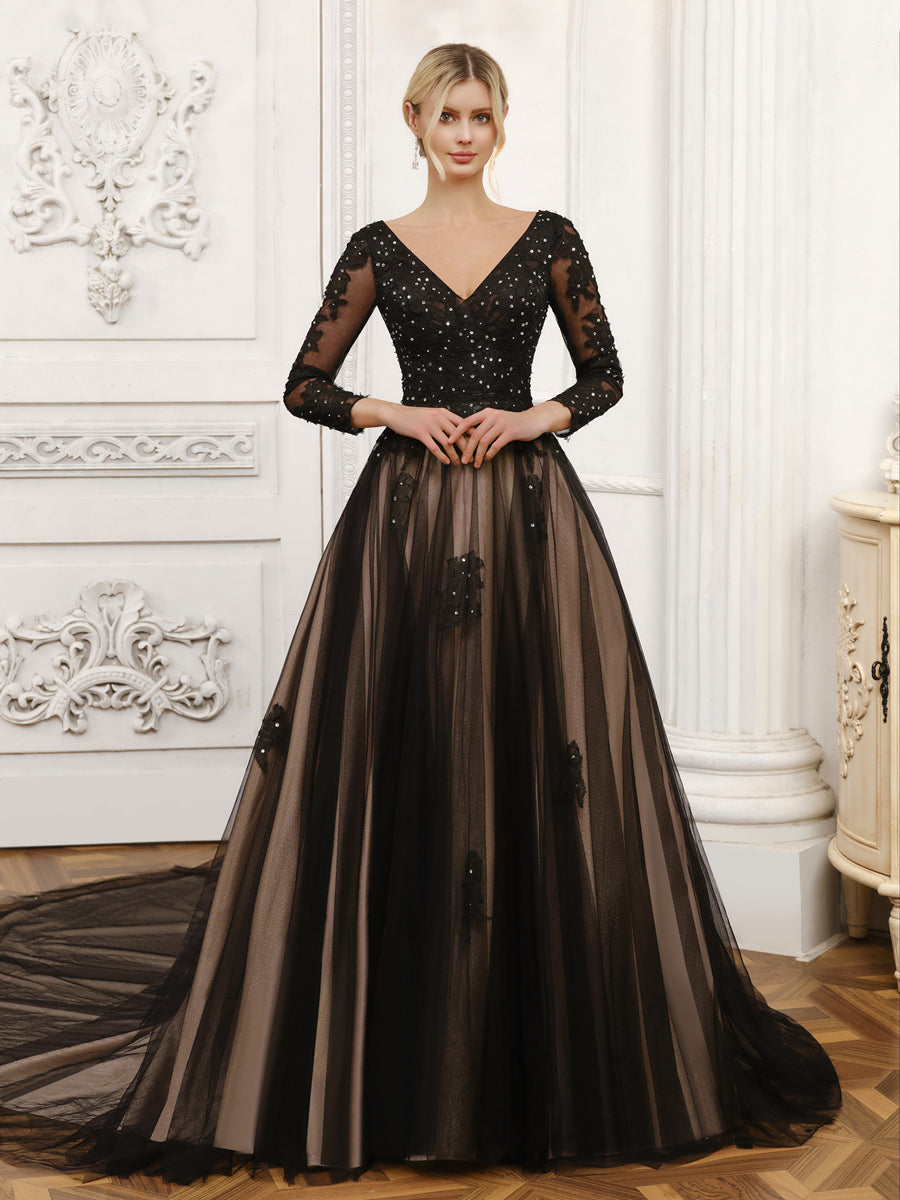 Model wearing a Weitese V-neck tulle ball gown wedding dress with delicate beading.