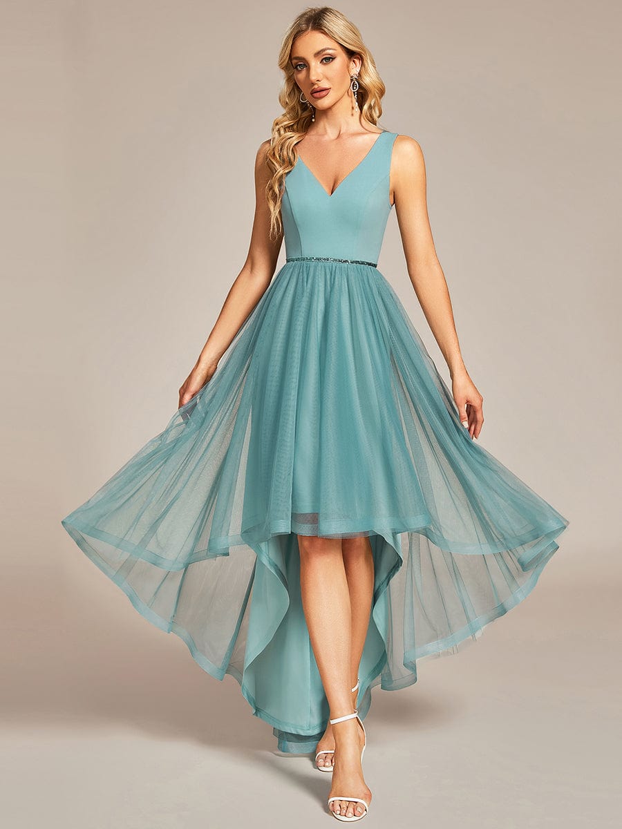 Weitese tulle high-low prom dress with waist chain, front view.