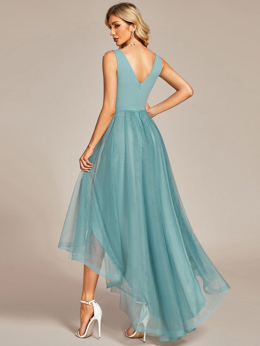 Weitese tulle high-low prom dress, elegant side profile.