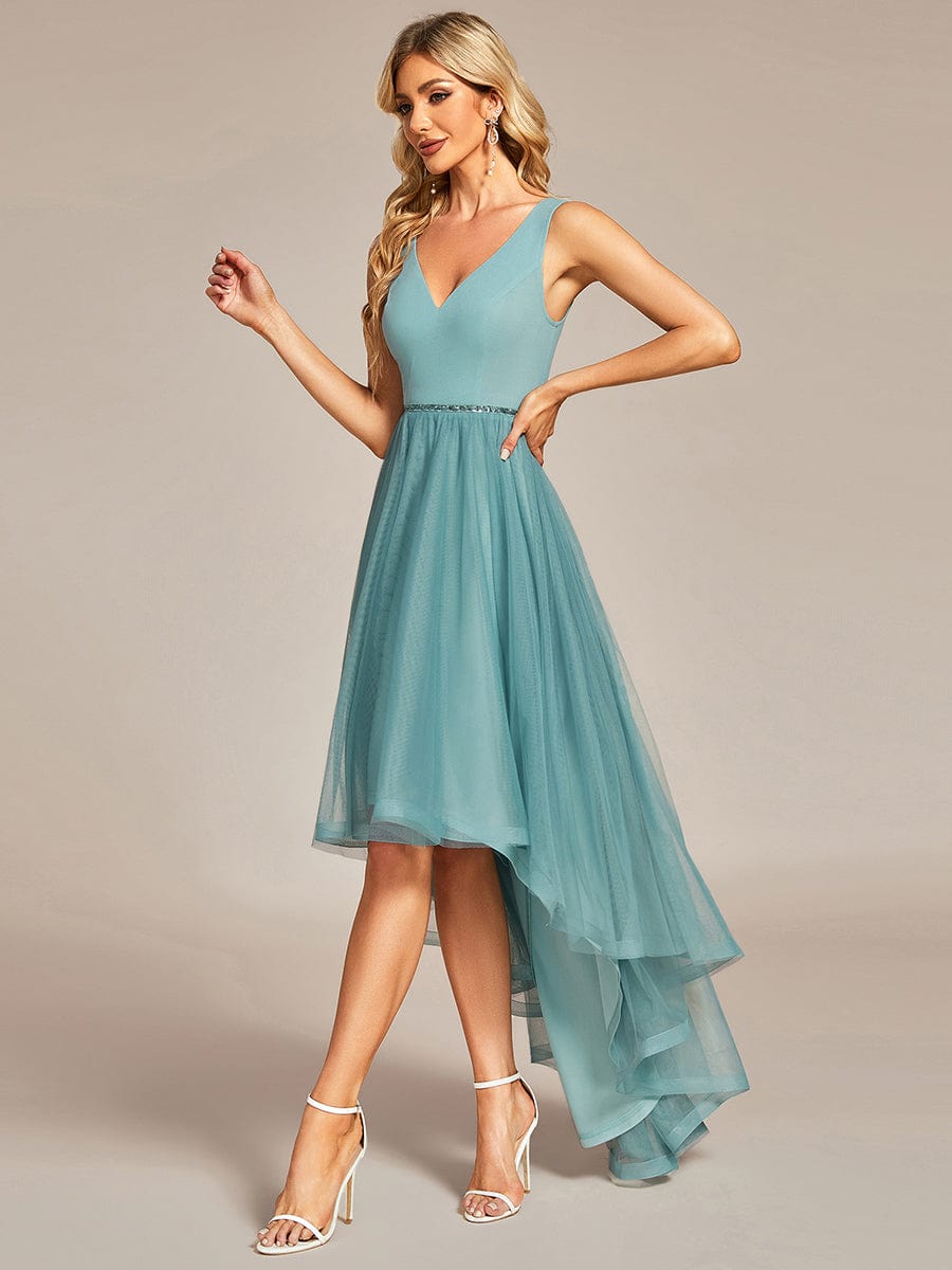 Model showcasing the Weitese high-low prom dress.