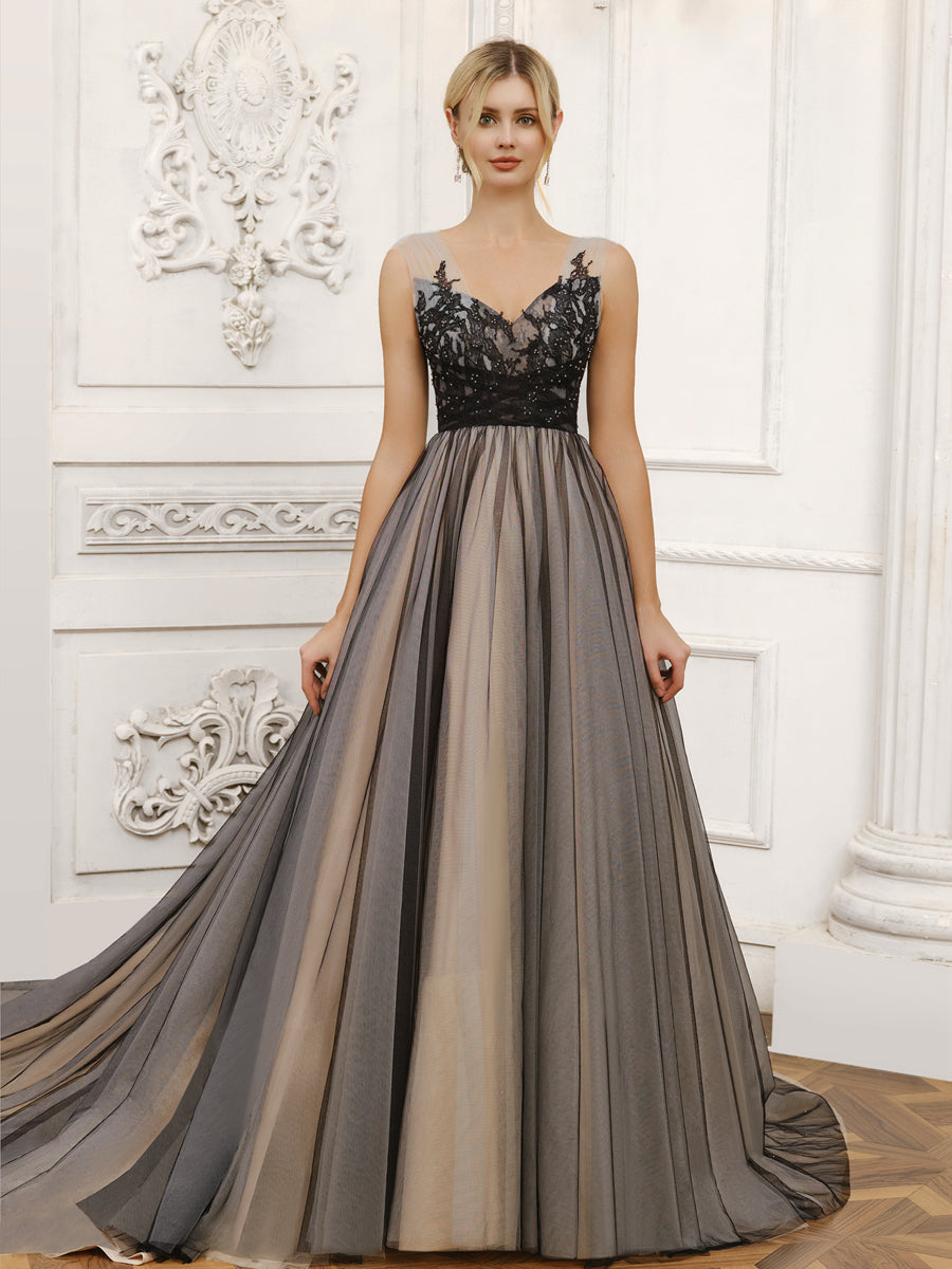 Front view of an elegant Weitese Tulle V-Neck Ball Gown Wedding Dress with intricate beading.