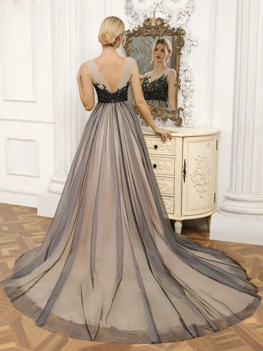 Side profile of the Weitese Tulle V-Neck Ball Gown Wedding Dress, highlighting its voluminous skirt and train.
