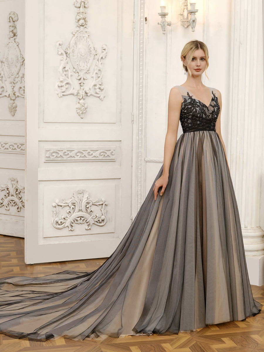 Back view of the Weitese Tulle V-Neck Ball Gown Wedding Dress, showcasing the elegant silhouette.