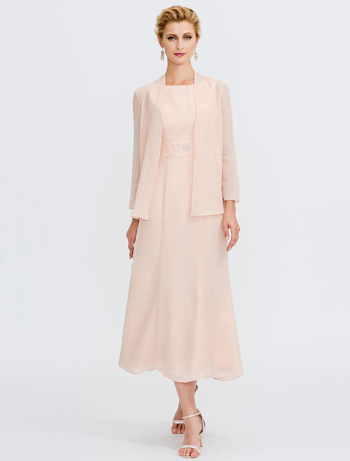 Elegant two-piece sheath dress with long sleeve jacket, scoop neck, and tea length.