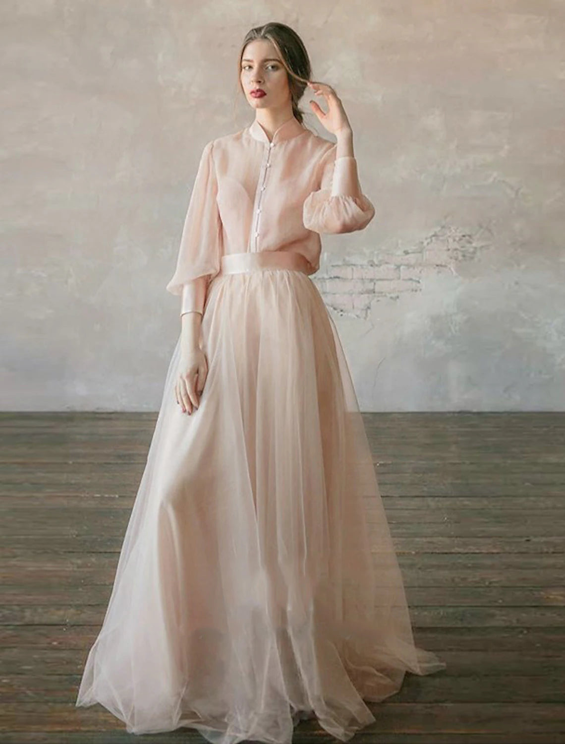 Weitese two-piece formal dress with stand collar and tiered chiffon skirt.