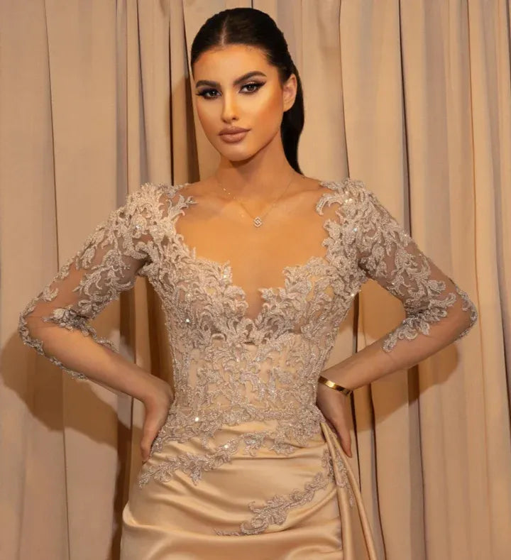 Elegant V-Neck Lace Applique Long Sleeve High Slit Satin Mermaid Maxi Dress with Train