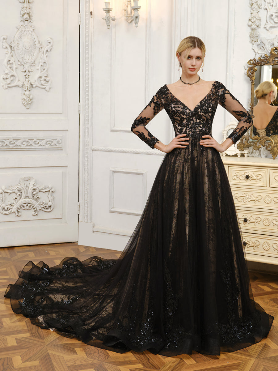 Close-up of the V-neckline and long sleeves with delicate beading on the wedding dress.