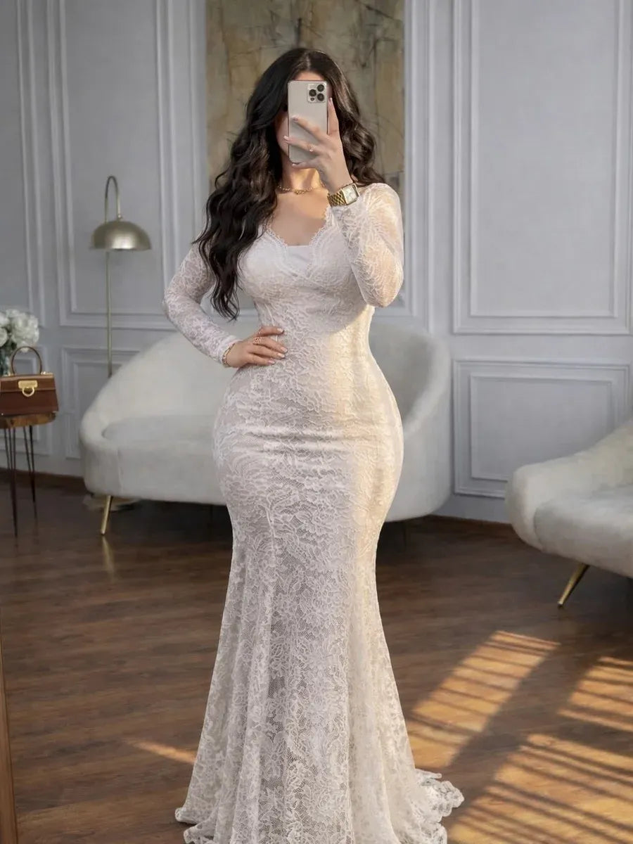 Elegant V-Neck Long Sleeve Lace Ruched Mermaid Wedding Dress