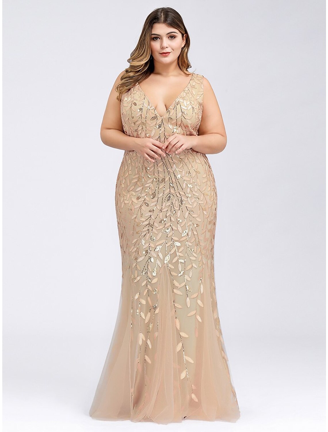 Full view of a plus size formal dress, suitable for weddings or prom.