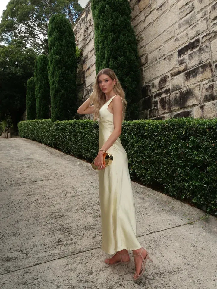 Elegant V-Neck Sleeveless Satin Slip A-Line Maxi Dress