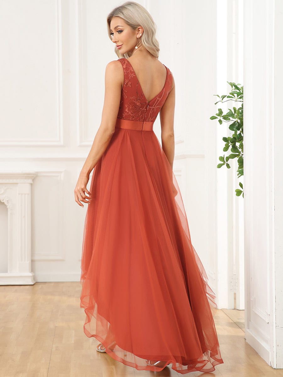 Back view of Weitese blue high-low evening dress showing V-back.
