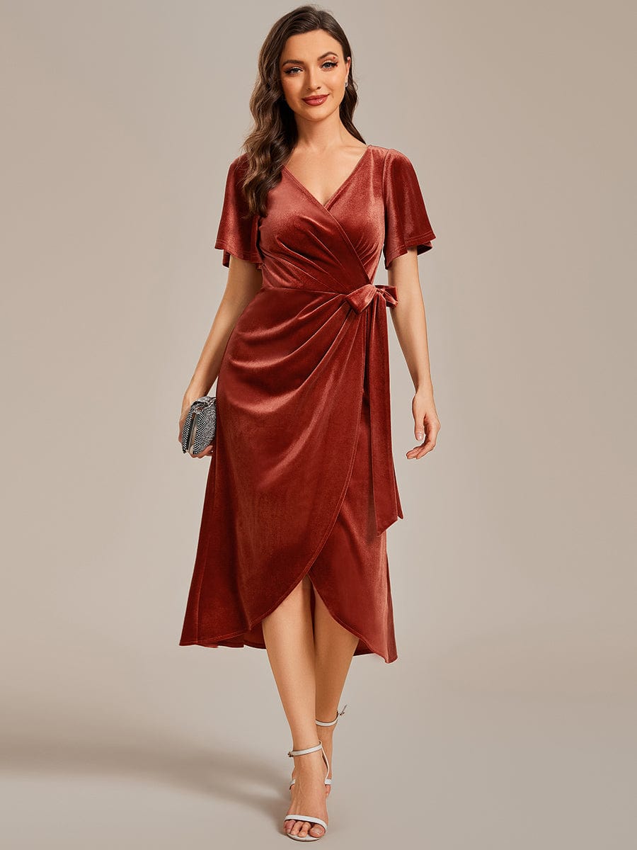 Red velvet midi dress with V-neck and short sleeves, front view.