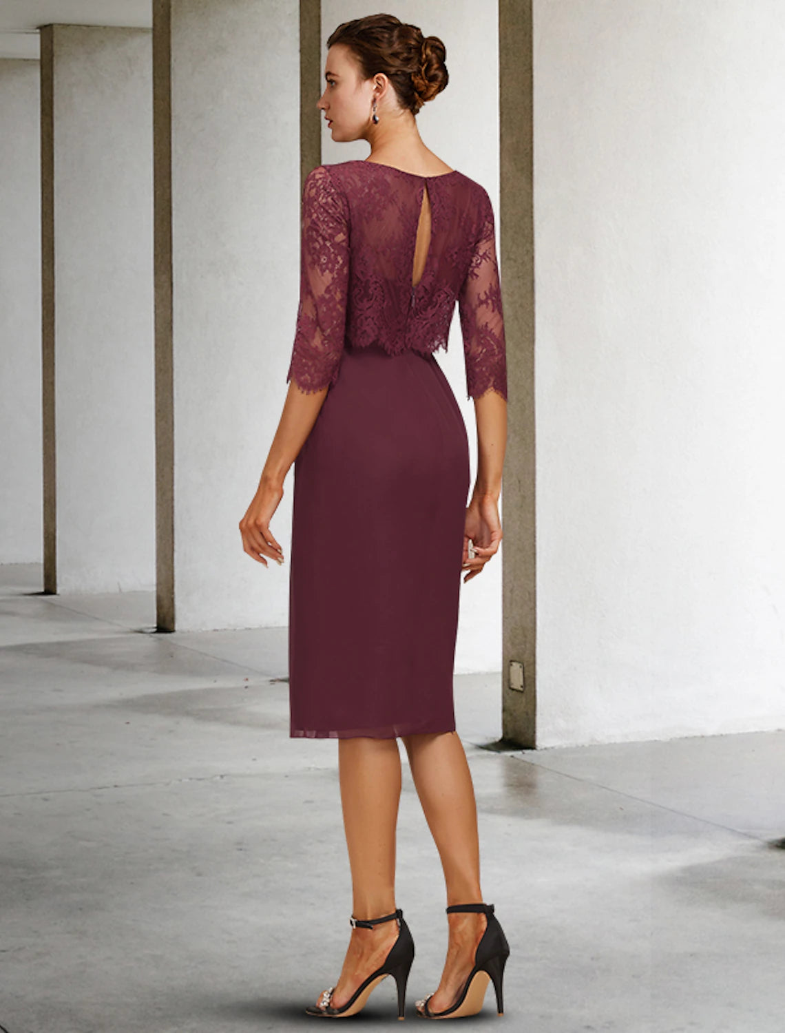 Side view of knee-length A-line dress with delicate lace details and half sleeves.