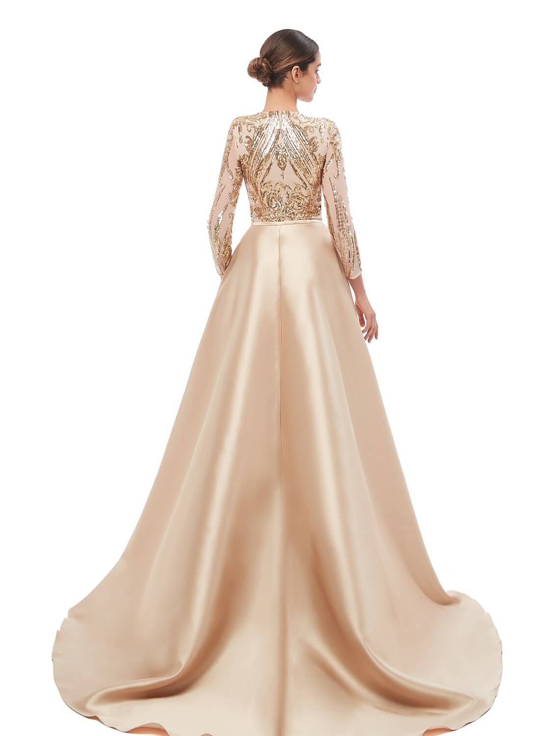 Back view of the elegant mermaid gown, showcasing the long sleeves and fitted silhouette.