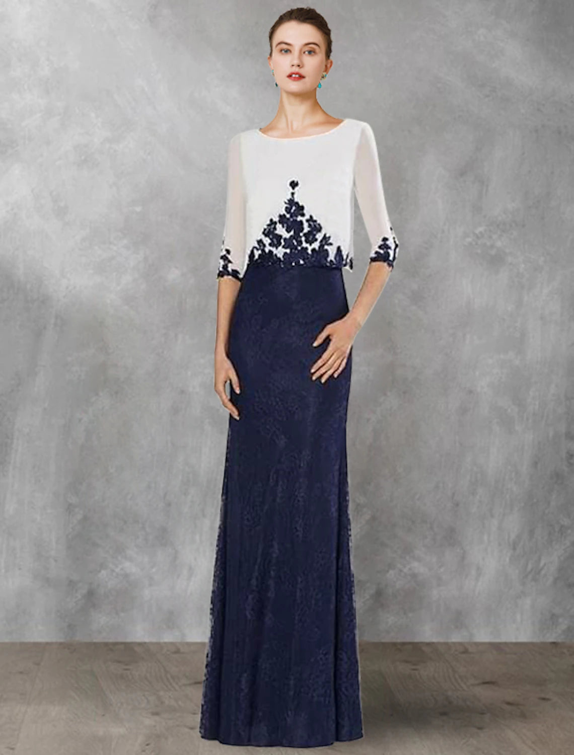 Elegant two-piece sheath column mother of the bride dress with lace top and solid skirt.