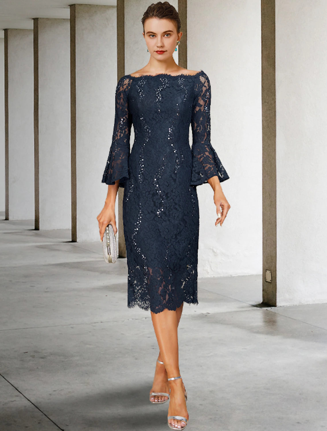 Elegant Weitese sheath column tea-length dress with lace and sequins, front view on model.