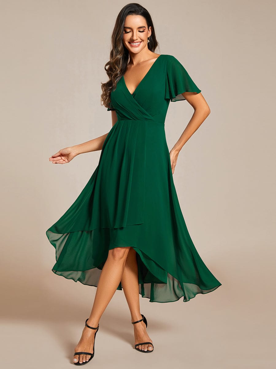 Weitese A-line midi dress with ruffle sleeves and V-neck in dark green.