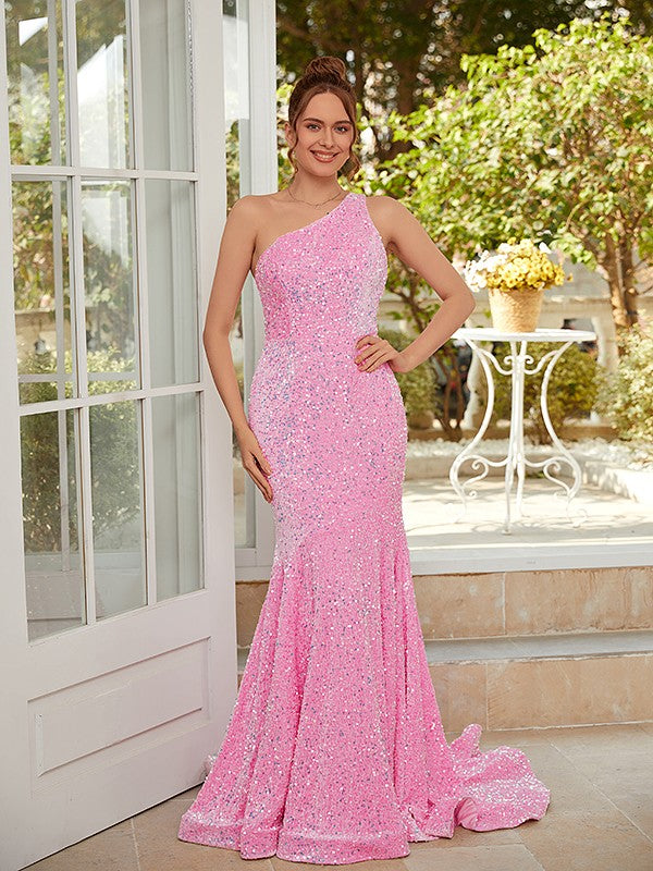 Weitese velvet sequin one-shoulder sheath column prom dress with sweep train, front view on a model.