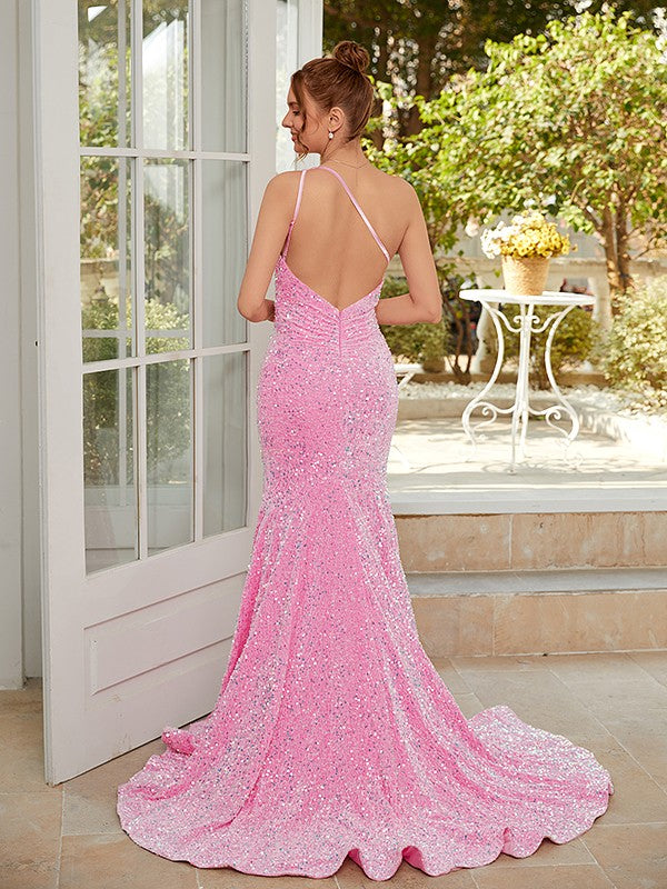 Weitese velvet sequin one-shoulder sheath column prom dress, side view showing ruching and train.