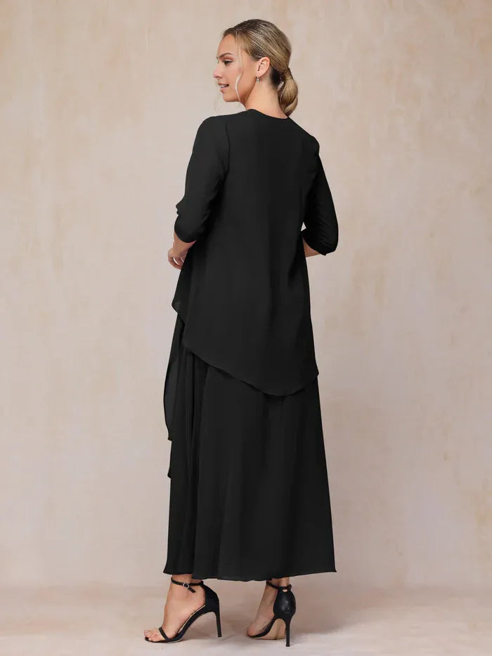 Elegant 2 Pieces Square Neck Short Sleeve Chiffon Ankle-Length Mother of the Bride Dress