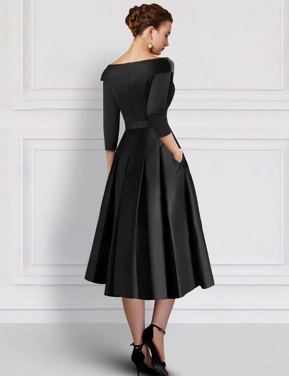 Elegant A-Line 3/4 Length Sleeve Shirt Collar Satin Appliques Tea-Length Mother of the Bride Dress