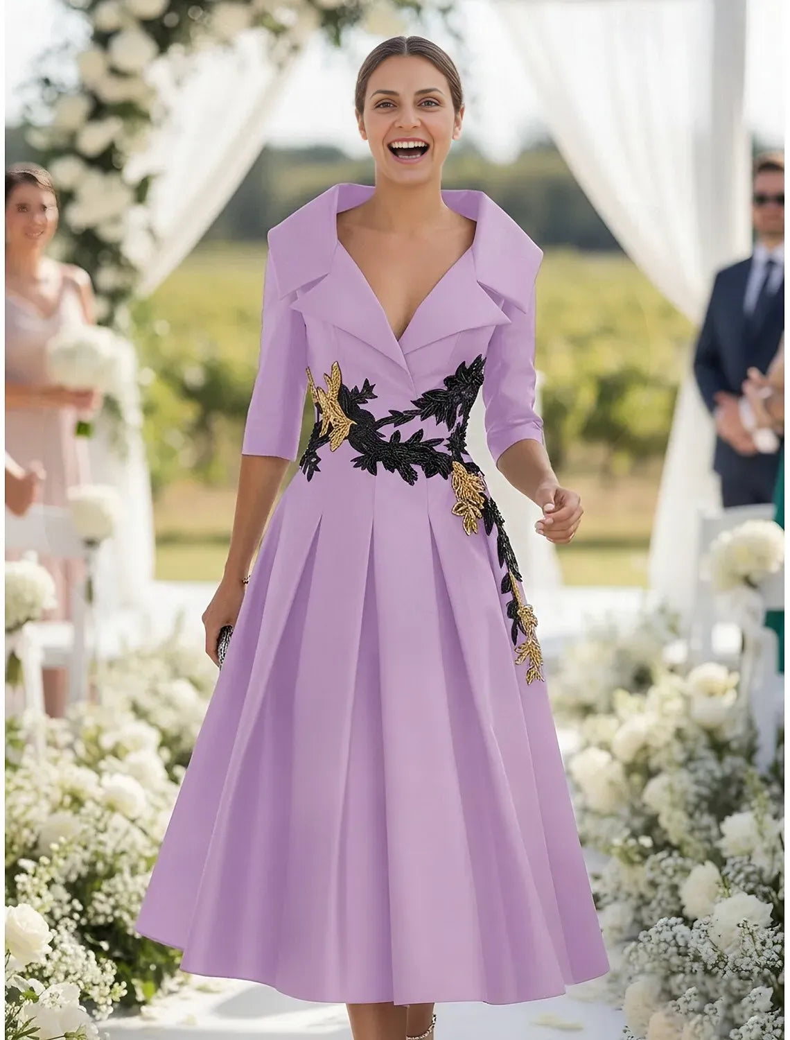 Elegant A-Line 3/4 Length Sleeve Shirt Collar Satin Appliques Tea-Length Mother of the Bride Dress