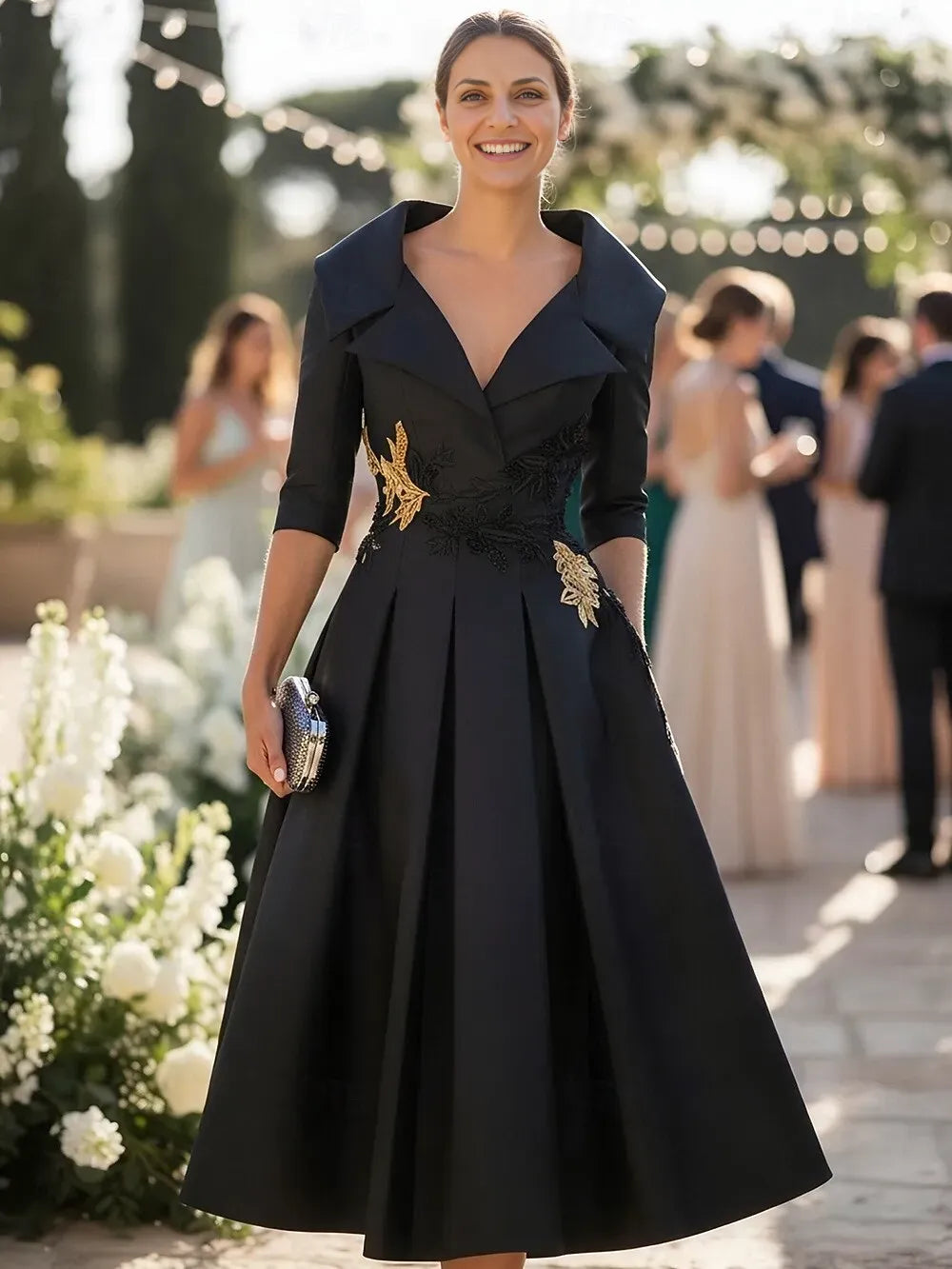 Elegant A-Line 3/4 Length Sleeve Shirt Collar Satin Appliques Tea-Length Mother of the Bride Dress