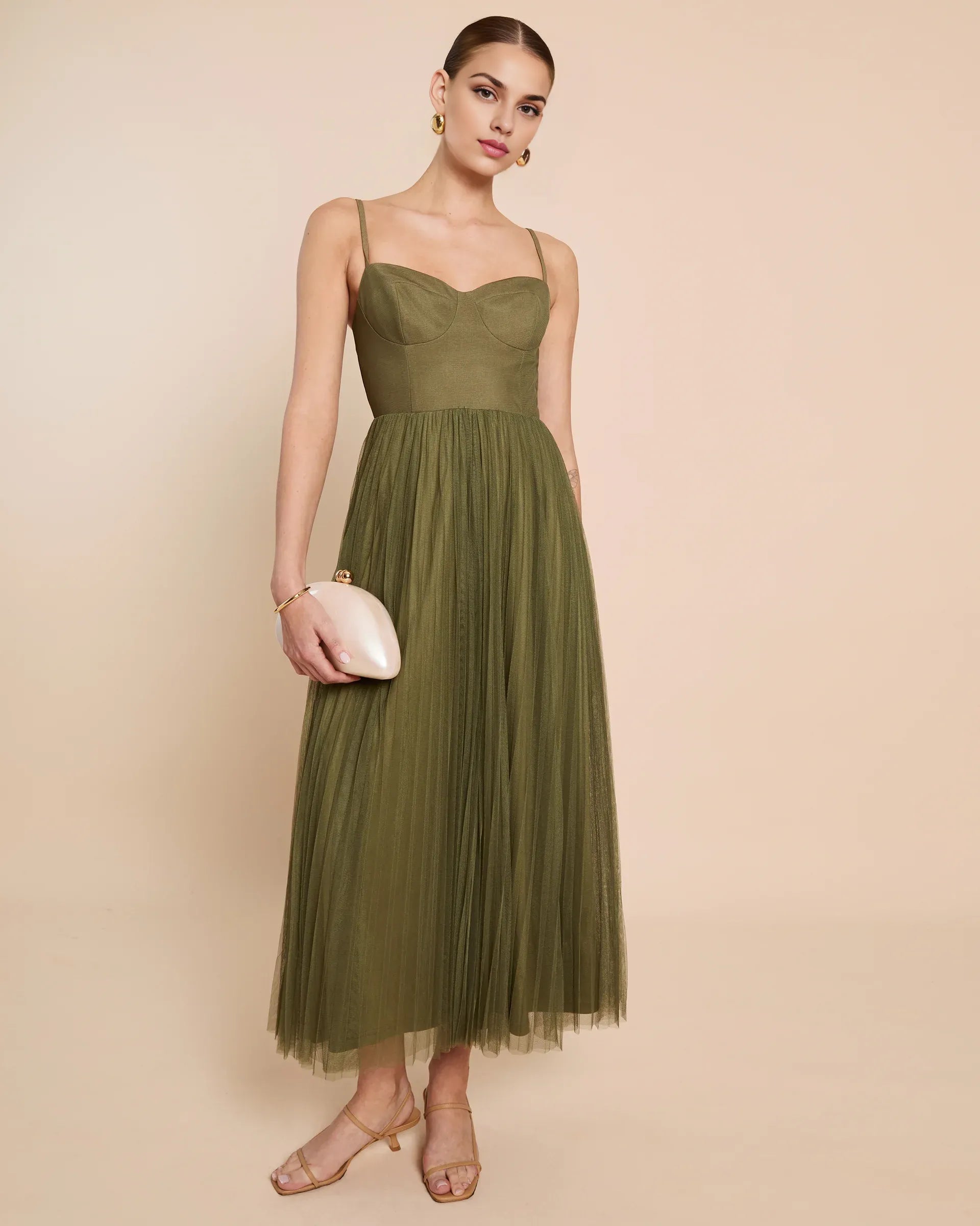 Weitese Dress Elegant A-Line Ankle-Length Sleeveless Party Dresses Sweetheart Neck Pleated Open Back Tulle Evening Dress