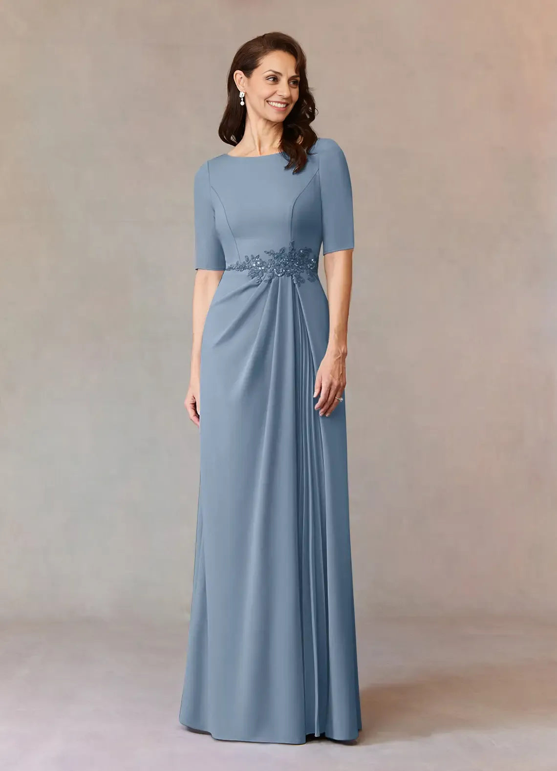 Elegant A-Line Boat Neck Cap Sleeve Back Zip Floor-Length Mother of the Bride Dress