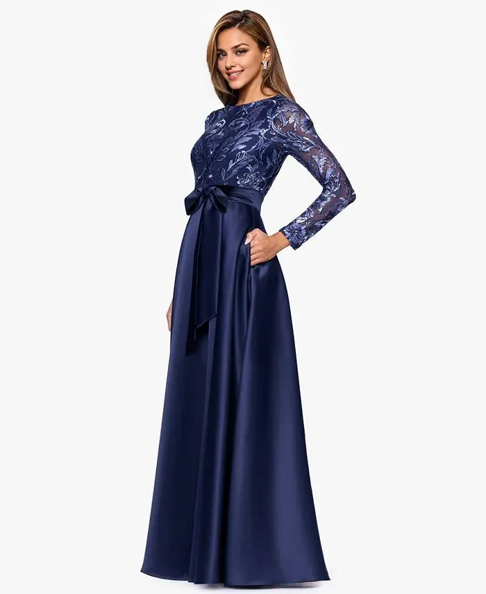 Elegant A-Line Boat Neck Long Sleeve Appliques Satin Floor-Length Prom Dress