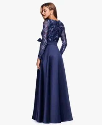 Elegant A-Line Boat Neck Long Sleeve Appliques Satin Floor-Length Prom Dress