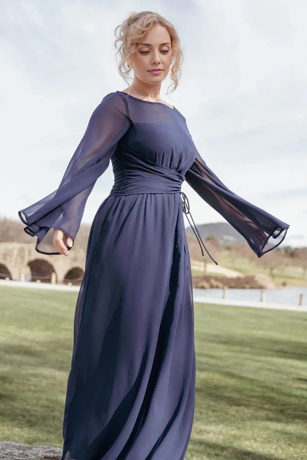 Elegant A-Line Boat Neck Long Sleeve Keyhole Floor-Length Mother of the Bride Dress