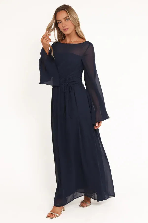 Elegant A-Line Boat Neck Long Sleeve Keyhole Floor-Length Mother of the Bride Dress