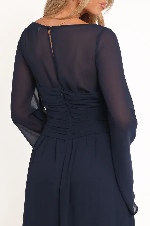 Elegant A-Line Boat Neck Long Sleeve Keyhole Floor-Length Mother of the Bride Dress