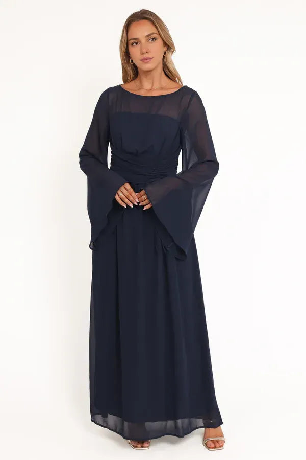 Elegant A-Line Boat Neck Long Sleeve Keyhole Floor-Length Mother of the Bride Dress