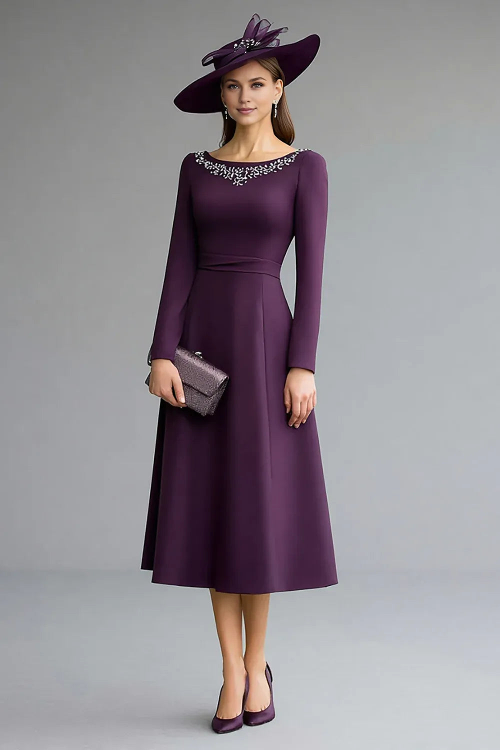 Elegant A-Line Boat Neck Long Sleeve V Back Tea-Length Mother of the Bride Dress