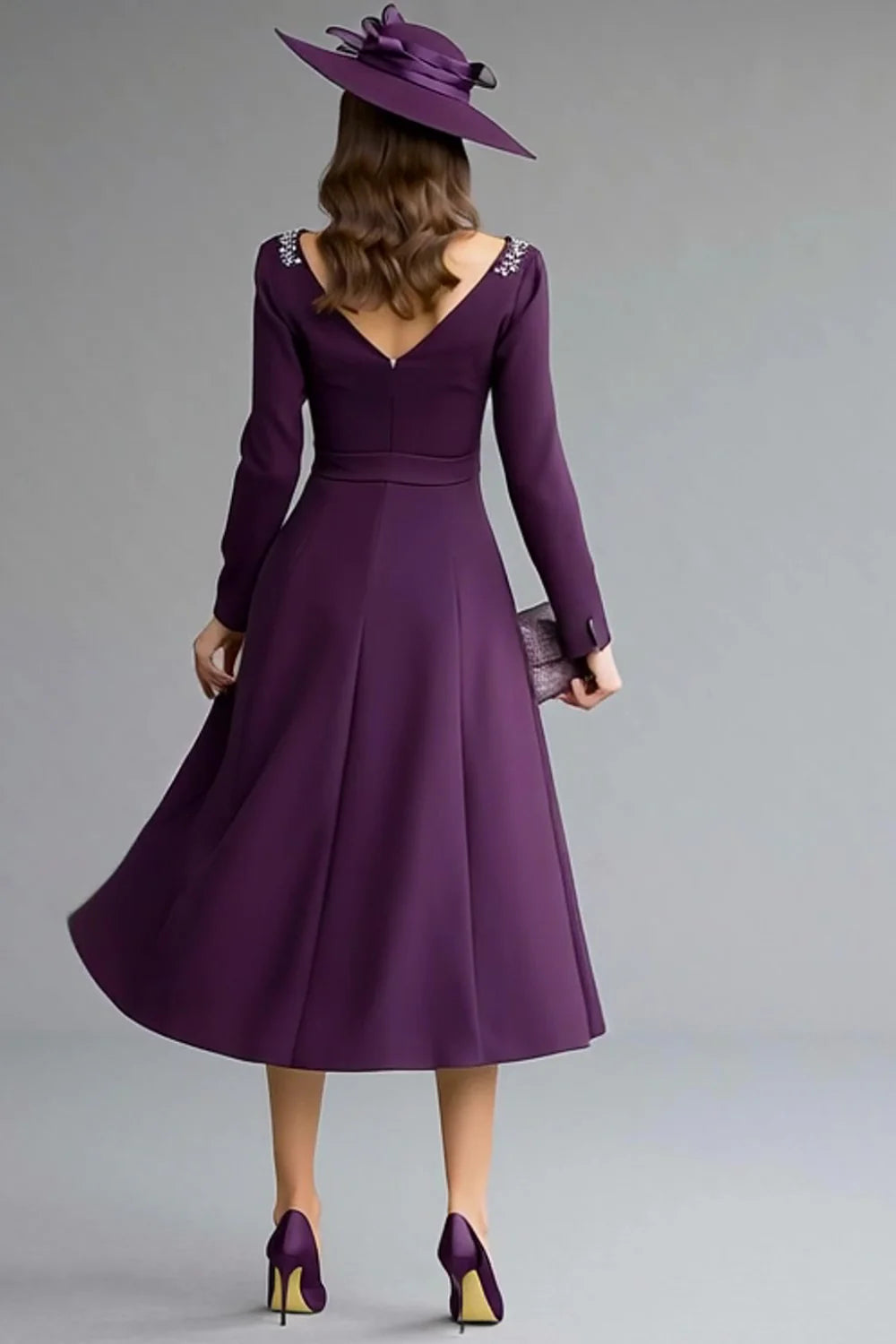 Elegant A-Line Boat Neck Long Sleeve V Back Tea-Length Mother of the Bride Dress
