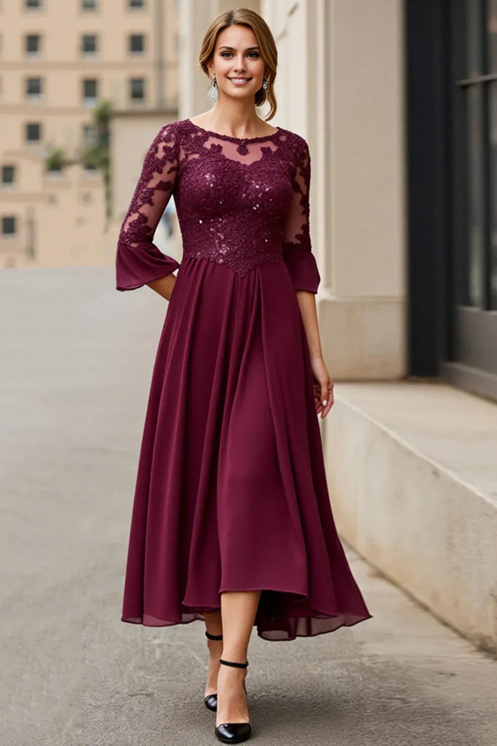Elegant A-Line Boat Neck Long Sleeve Zipper Up Tea Length Mother of the Bride Dress