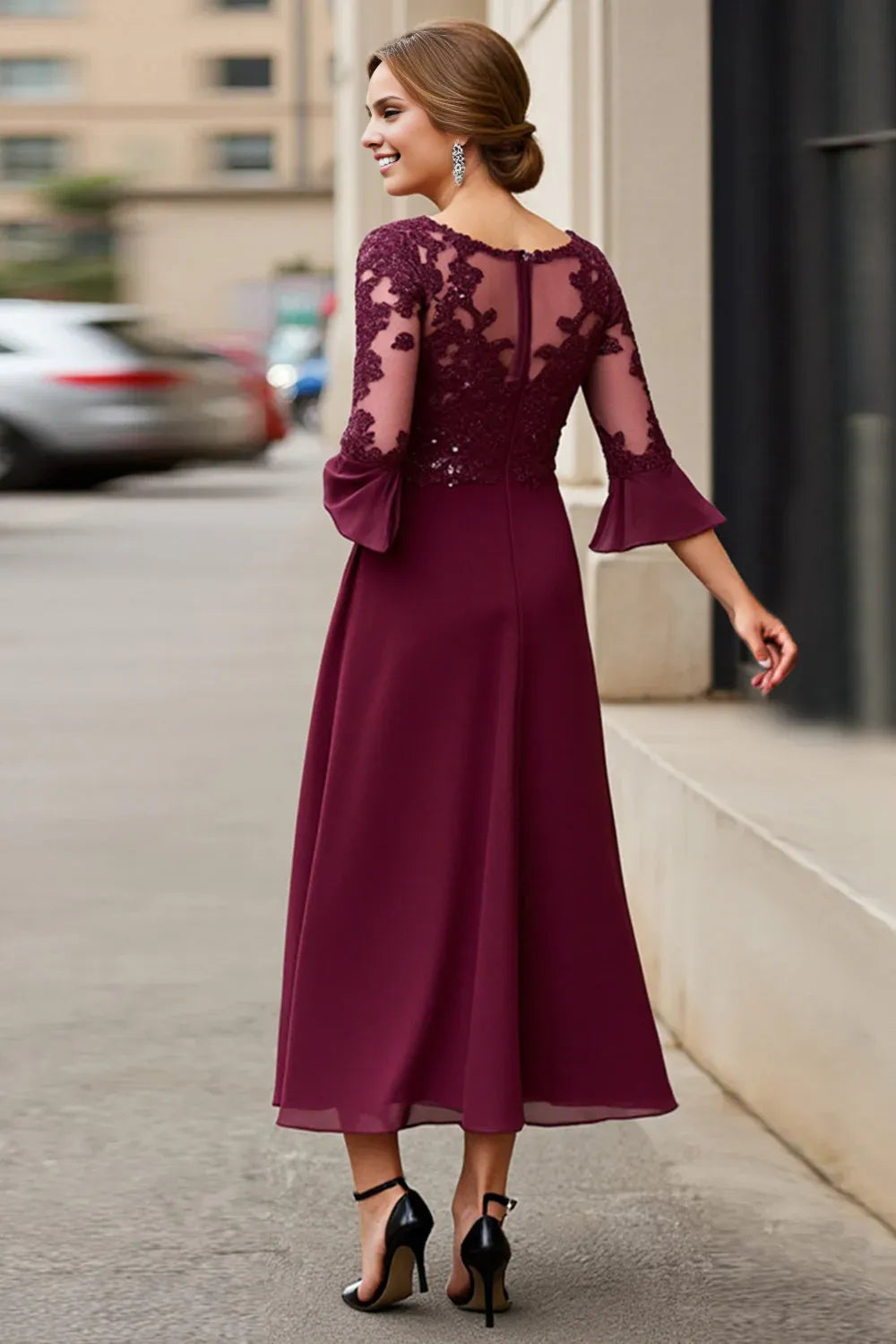 Elegant A-Line Boat Neck Long Sleeve Zipper Up Tea Length Mother of the Bride Dress
