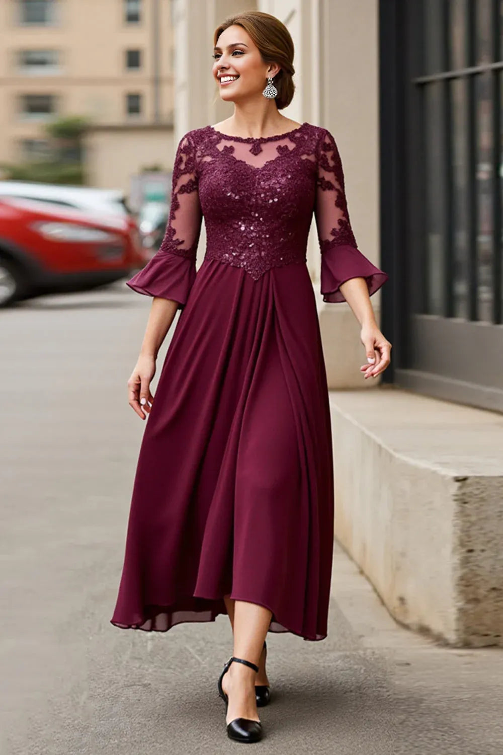 Elegant A-Line Boat Neck Long Sleeve Zipper Up Tea Length Mother of the Bride Dress