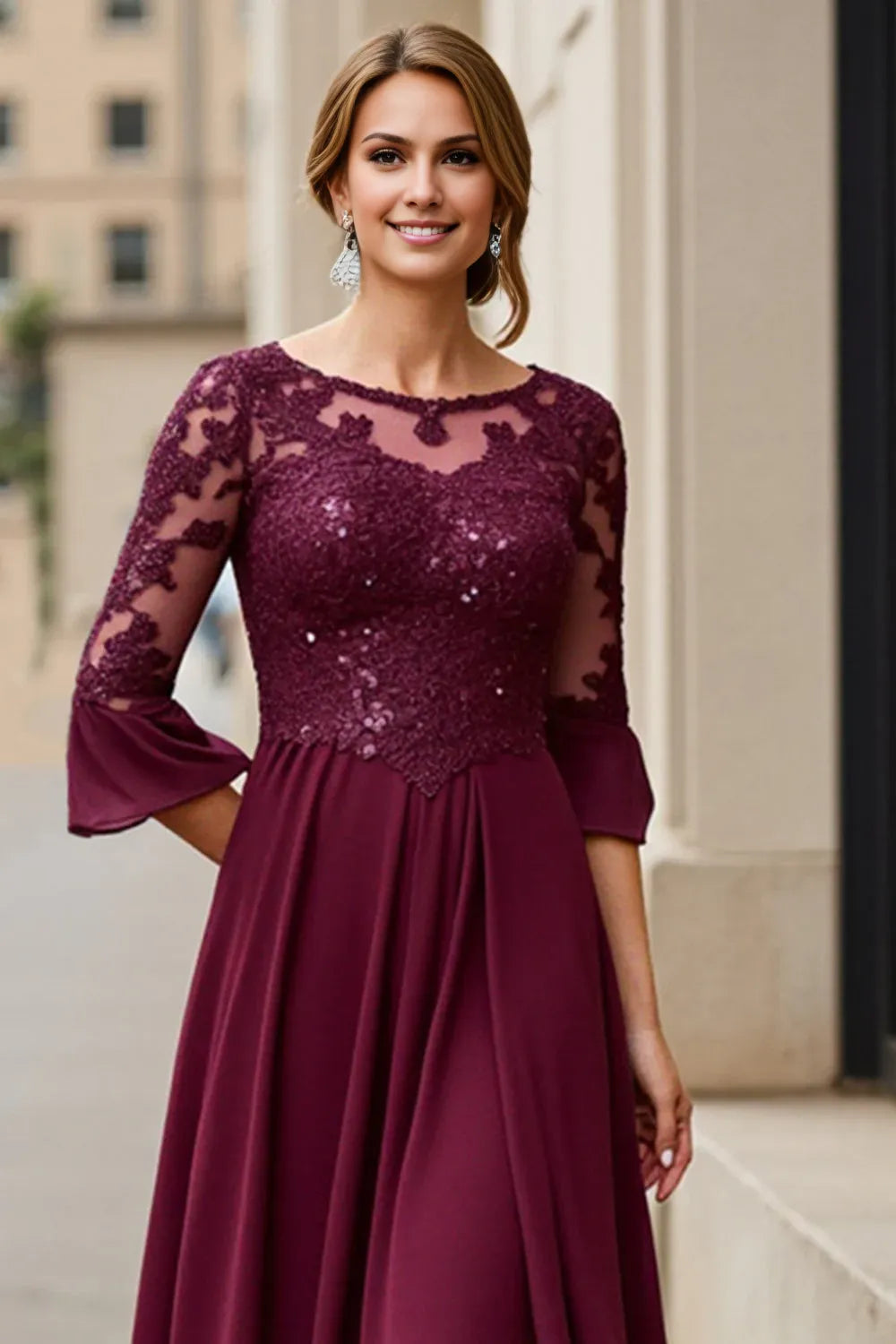 Elegant A-Line Boat Neck Long Sleeve Zipper Up Tea Length Mother of the Bride Dress
