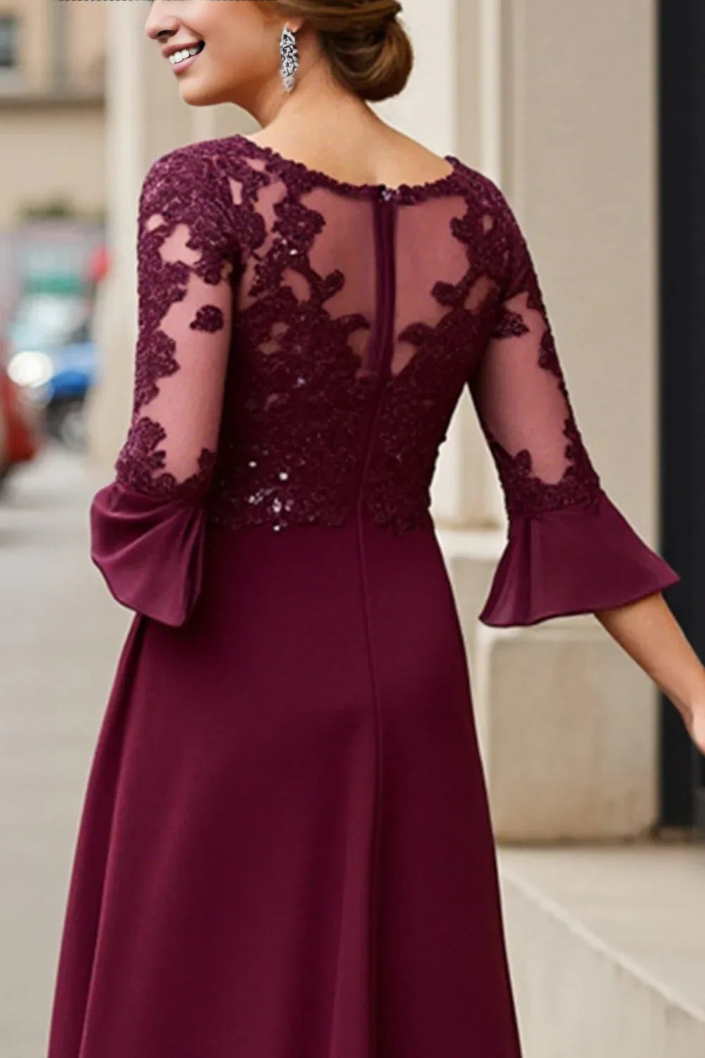 Elegant A-Line Boat Neck Long Sleeve Zipper Up Tea Length Mother of the Bride Dress